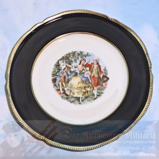 white plate - Cobalt blue rim - gold trimmed - 3 dishes 10 3/4 inch diameter - painted print in center - Victorian era image of woman and gentleman outside dancing while another gentleman is playing the piccolo. The plate is decorative with some beveling on the rim along with raised edge.