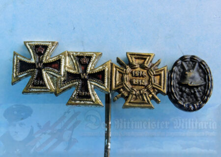 GERMANY - STICKPIN - FOUR PLACE - 1914 IRON CROSS 1ST AND 2ND CLASS - BLACK ARMY WOUND BADGE - HINDENBURG CROSS WITH SWORDS